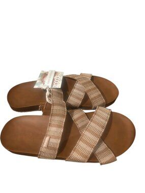 Feelgoodz Cushion Rose Gold Metallic Crisscross Slide Sandals Brown Footbed